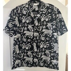 Level Ten Short Sleeve Button Down Shirt Black White Asian Tiger Dragon Size L